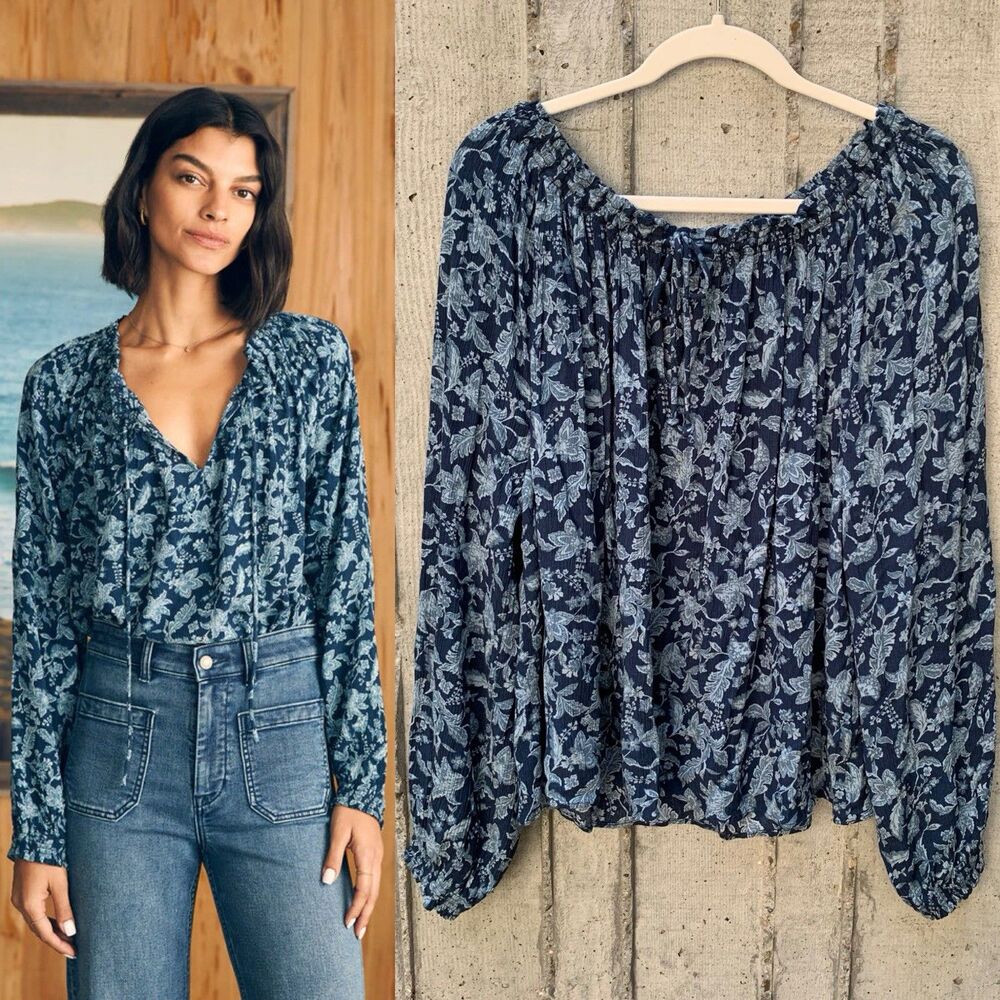 Faherty Women's Emery Blouse Blue Esna Floral Bohemian Peasant Cottagecore L